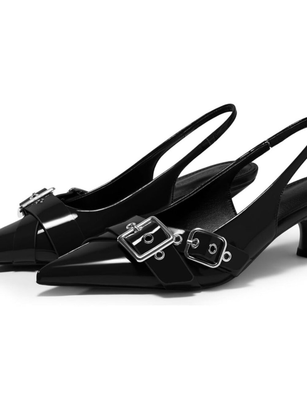 Coutgo Women's Black Close Pointed Toe Slingback Buckle Ankle Strap Heels Shoes